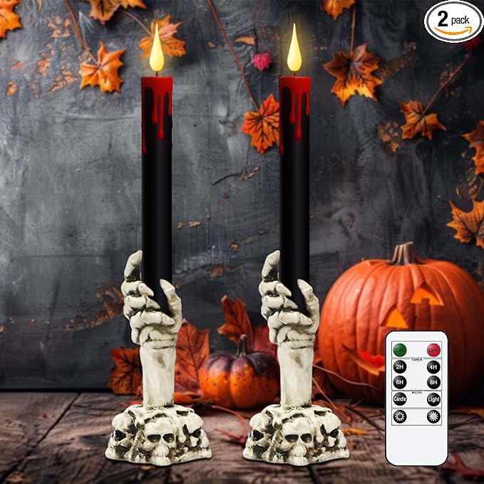 GenSwin Halloween Black Taper Flameless Candles with Ghost Hand Candlesticks and Remote Timer, 2 Pcs Battery Operated Taper Candles with Holder and 3D Flame for Halloween Decor - skull candle