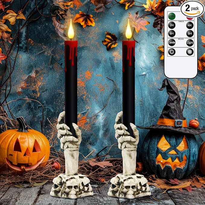 Eldnacele Halloween Black Flameless Taper Candles with Remote and Timer - skull candle