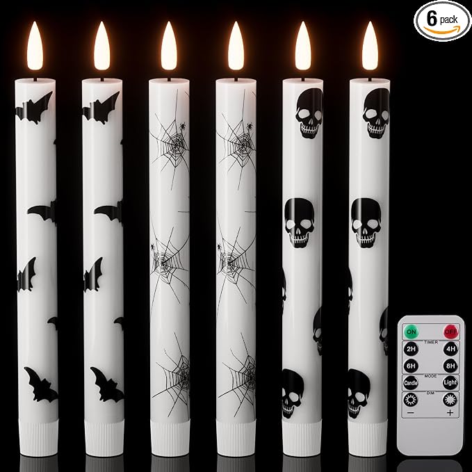 Wondise Halloween Flameless Taper Candles with Remote & Timer, Battery Operated with Spider Web, Bats, Skull, Real Wax 3D Wick LED Candles for Halloween Decorations - skull candle
