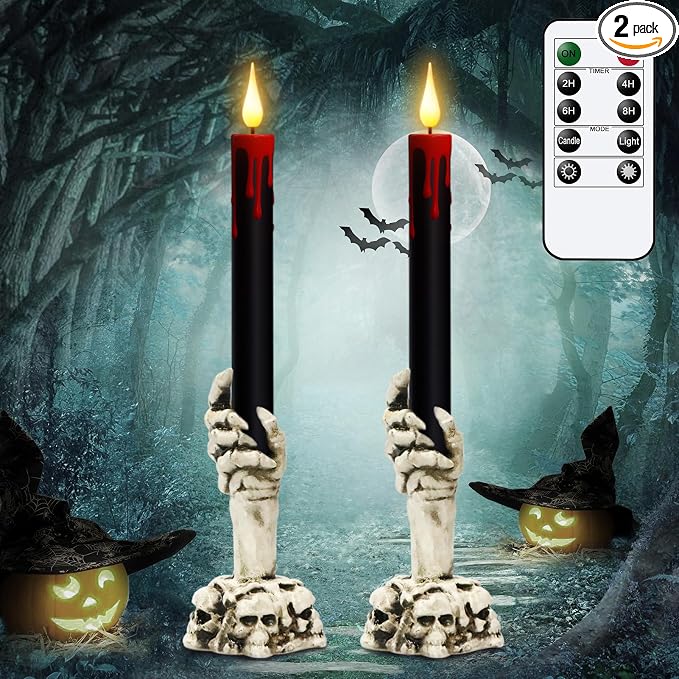 Wondise Halloween Black Flameless Taper Candles with Remote and Timer - skull candle