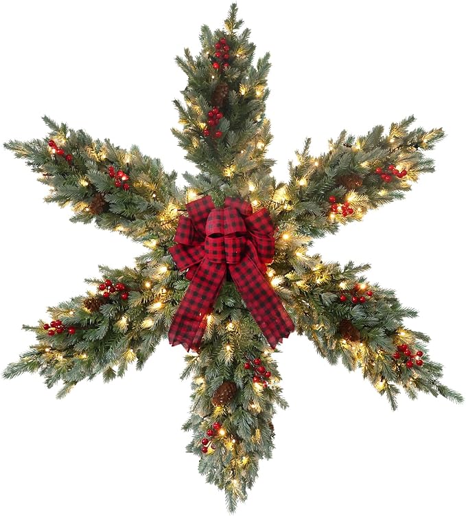 YEAHOME 48 Inch Large Christmas Wreath, 4 FT Pre-Lit Christmas Star Wreaths for Front Door with 120L Warm White LED Lights, Bow-tie, Berries, Pine Cones for Xmas Outdoor Indoor Wall Home Decorations - skull wreath