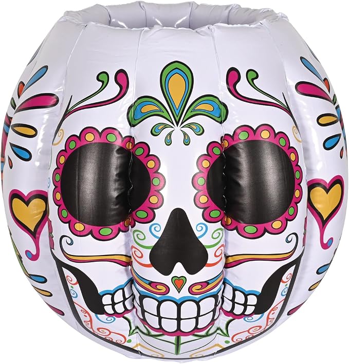 Beistle Inflatable Day of The Dead Sugar Skull Drink Cooler, 15.5" x 22”- Beverage Holder for Día de Los Muertos Parties, Mexican Celebrations, Holds Approx. 48 12-Ounce Cans - skull inflatable