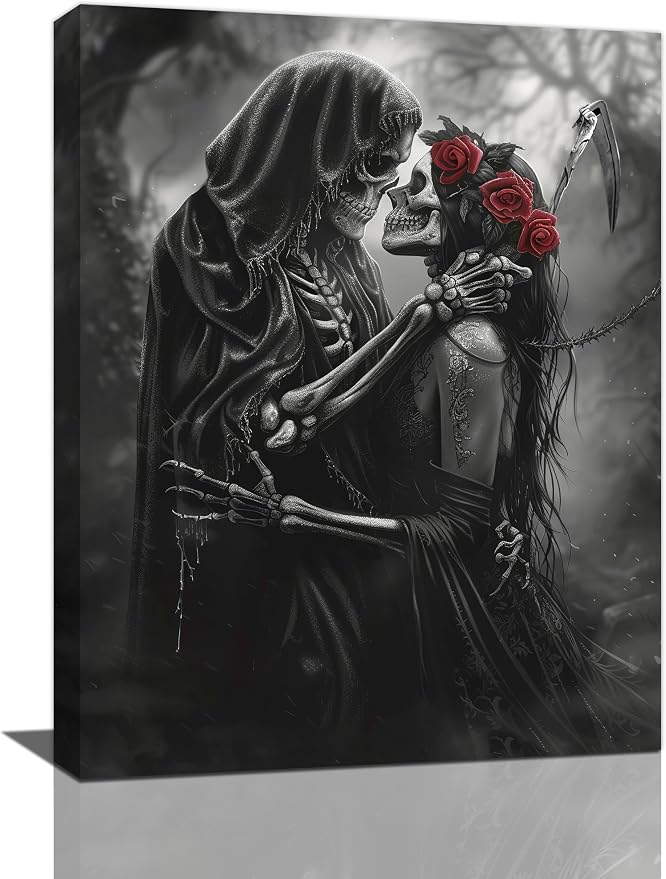 Fuzawet Gothic Skull Wall Art Pictures Goth Skeleton Wall Decor Canvas Painting Home Modern Artwork Decorations Framed for Bathroom Living Room Bedroom Office 12 x 16 inch - skull painting
