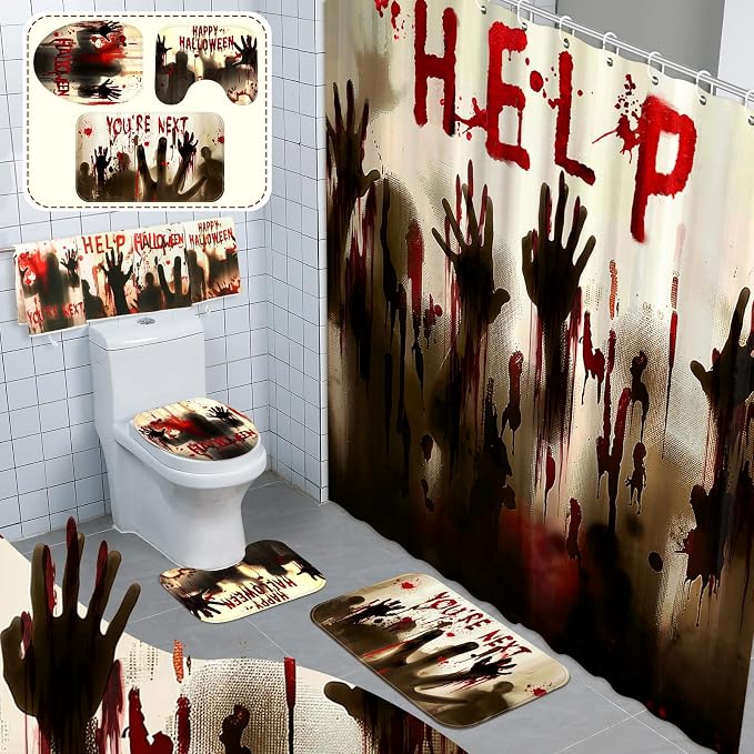 8 Pcs Halloween Bathroom Decor Ghost Shadow Shower Curtain Rug Set - skull toilet mat