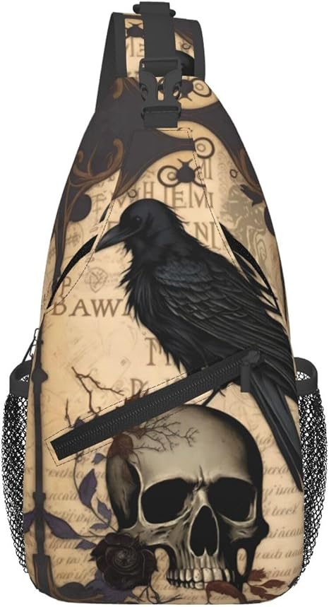 Edgar Allan Poe The Raven Skull 1 Crossbody Chest Bags for Women, Small Crossbody Shoulder Bag Sling Bag Travel Hiking Daypack - sugar skull handbags for sale