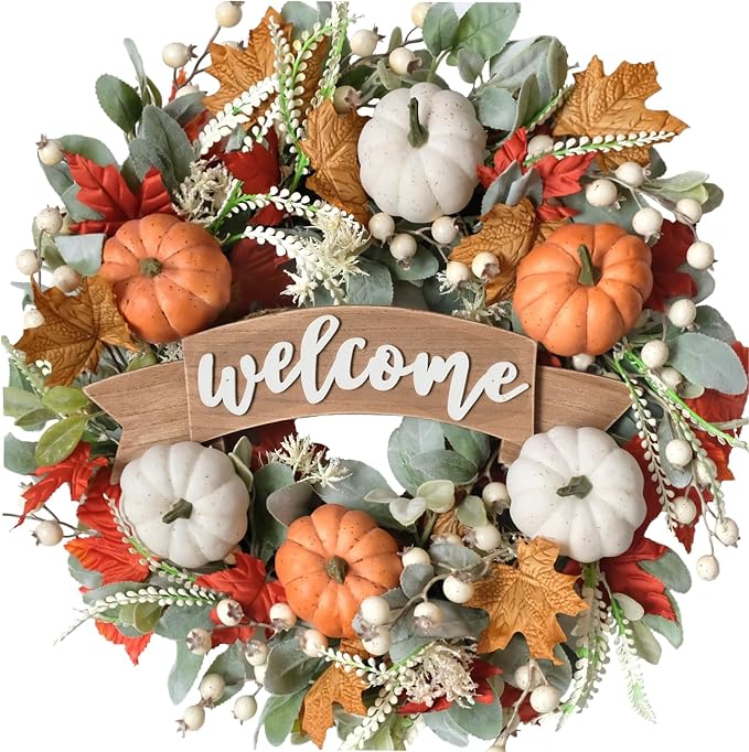 24 Inch Fall Pumpkin Maple Leaves for Front Door, Autumn White Orange Pumpkin Greenery Leaves Wreath for Indoor Outdoor, Welcome Sign Pumpkin Wreath - skull wreath