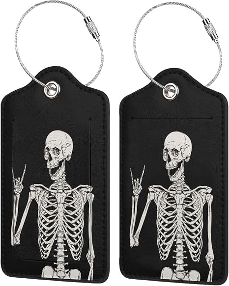 Skull 2 Pack Luggage Tag for Suitcase Skeleton Label Cute Unique Leather Suitcase Tags Identifiers with PU Privacy Name Address Labels & Durable Steel Loop for Women Men Travel, 4.7x2.75 - skull suitcase