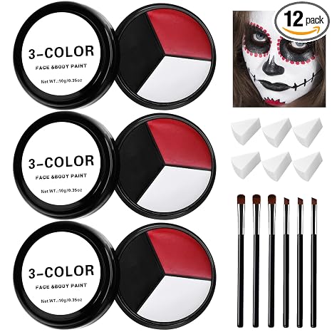 3 Set Black White Red Face Body Paint, 3-Color Joker Face Body Paint - sugar skull makeup