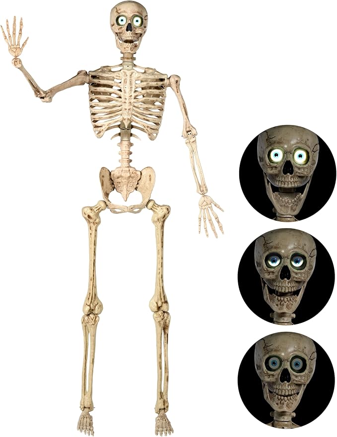 JOYIN 6.9 FT Halloween Posable Skeleton Life Size, Voice Sensing Blink Eyes Moving Jaw, Giant Skeletons Bones Full Body Movable Joints for Indoor Outdoor Halloween Party Decoration, Hounted House Prop - skeleton