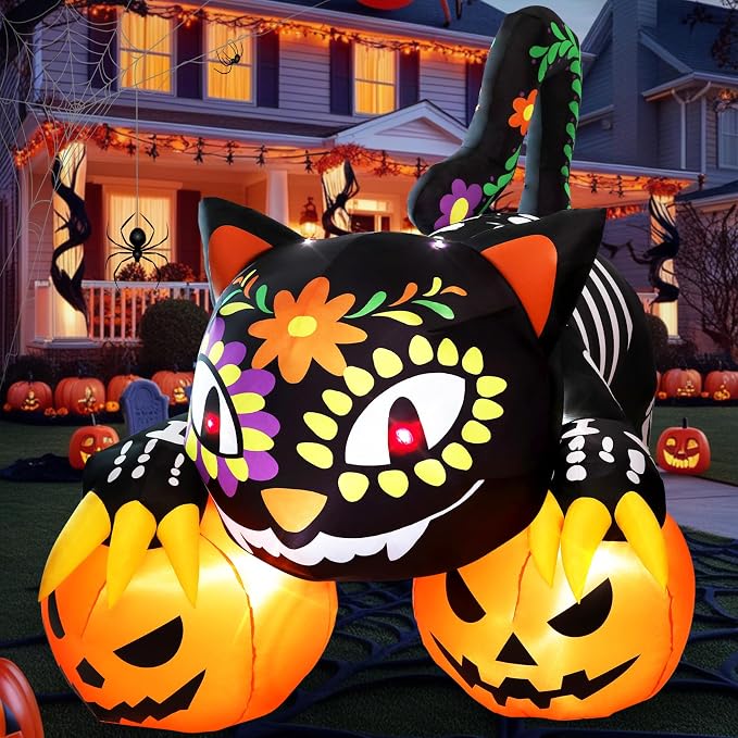 Halloween Inflatables 7.5FT Black Cat Outdoor Decorations, Skeleton Black Cat and Pumpkin Inflatable Halloween Blow Up Yard Decorations with Built-in LED Lights for Yard Lawn Garden Decor - skull inflatable