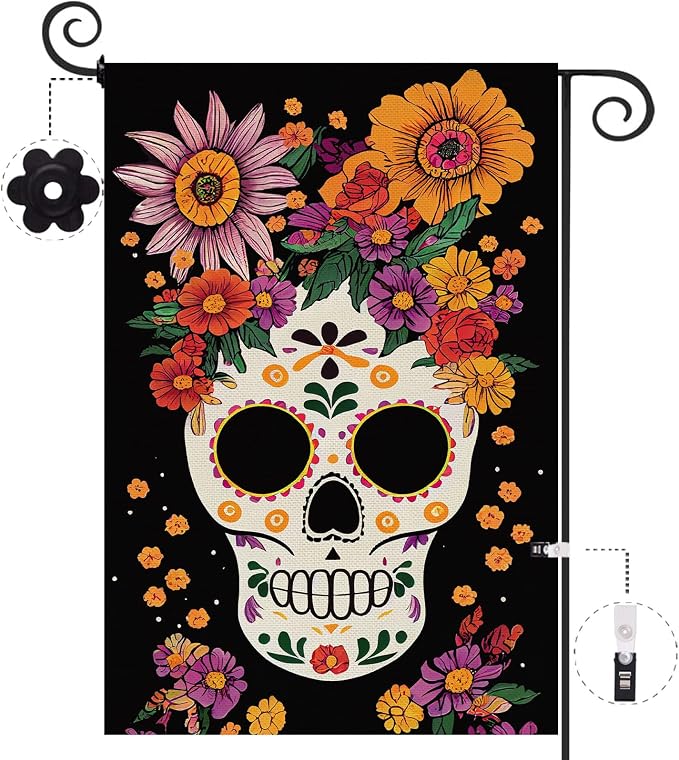 Day of the Dead Garden Flag Floral Skull mini 12.5 x 18 Inch Double Sided Burlap Mexican Dia De Los Muertos Yard Flag Holiday Seasonal Outdoor Outside Decoration - skull floor mat
