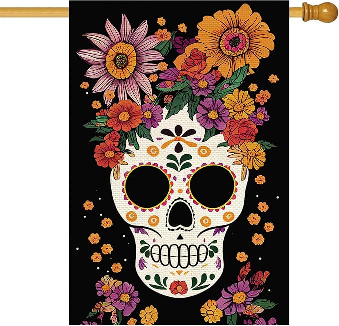 Day of the Dead House Flag Floral Skull mini 28 x 40 Inch Double Sided Burlap Mexican Dia De Los Muertos Yard Flag Holiday Seasonal Outdoor Outside Decoration - skull carpet
