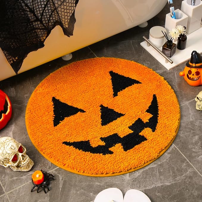 Halloween Bathroom Decor 24 Inch Fluffy Pumpkin Bath Mat for Bathroom Halloween Bath Rug Non Slip Floor Mat Spooky Orange Pumpkin Doormat Decor for Kitchen Living Room - skull toilet mat