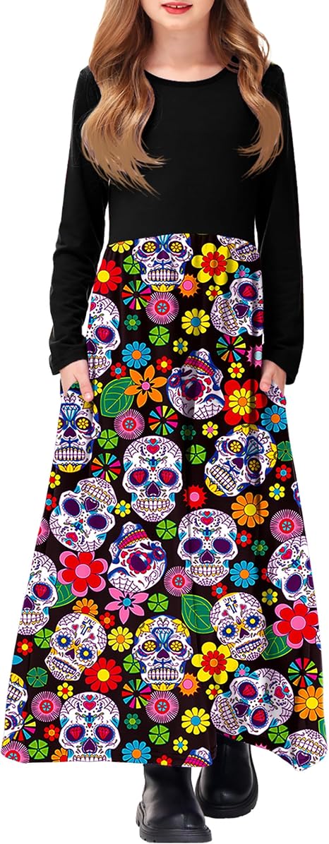 Deerose Girls Maxi Dress Short Sleeve Casual Long Dresses with Pockets 5-14 Years - sugar skull costume