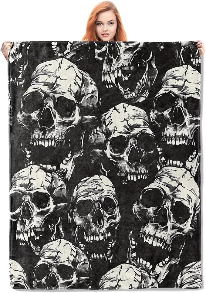 Skull Pattern Blanket, Gothic-Themed Fleece Throw with Detailed Skull Design, Soft Cozy Lightweight Blanket, for Halloween and Gothic Decor Enthusiasts, 50×60 in,Decor