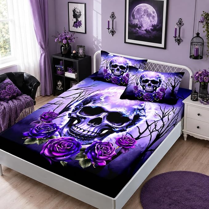 HOSIMA Gothic Death Skull Heads Bedding Twin,1 Fitted Sheet+2 Pillowcases.