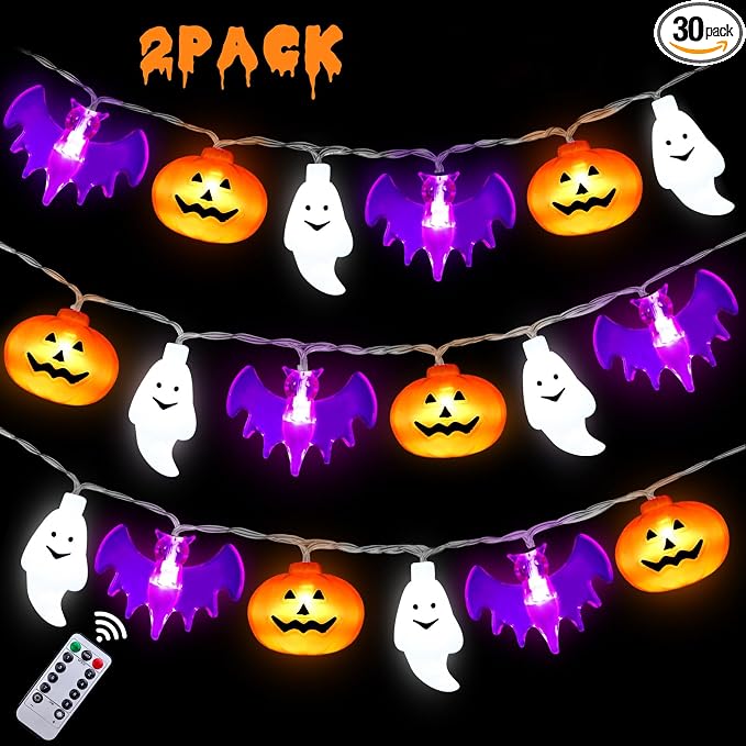LeeSky 2 Pack Halloween Pumpkin Ghost Bat String Lights Outdoor, 20FT 30 LED Pumpkin String Lights with 8 Lighting Modes for Home Indoor Outdoor Halloween Party Decor (Orange/Purple/White) - string light