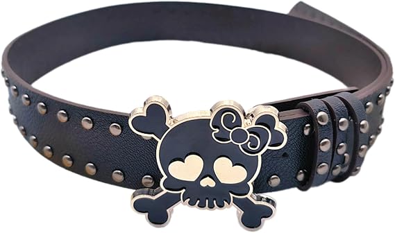 Skull Buckle PU Belt For Women 2000s Subcultures Rivets Studded Waist Belt For Teenager Waiststrap For Pants, Black - skull wallet