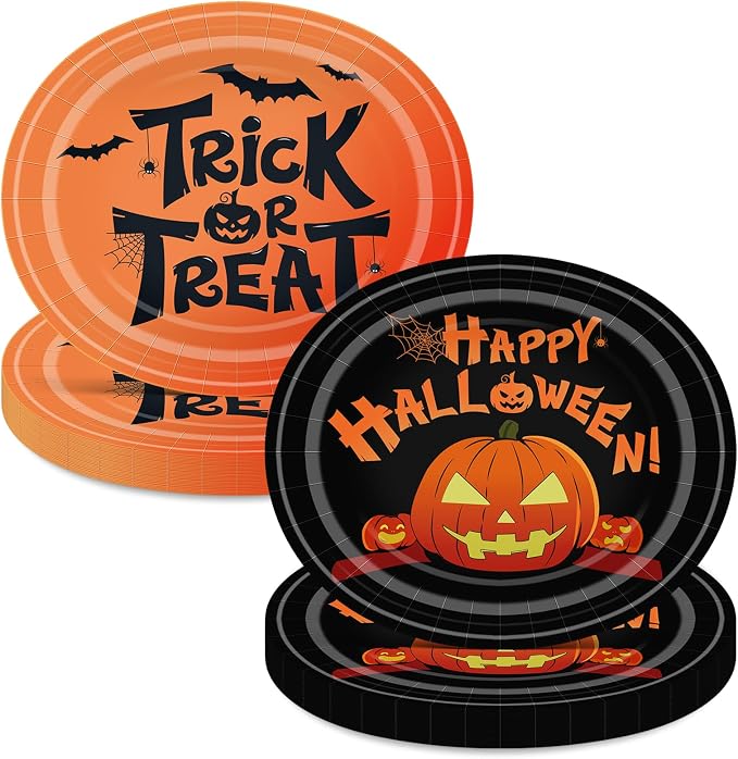 50Pcs Halloween Oval Paper Plates -10" x 12" Large Disposable Heavy Duty Party Plates for Halloween Party Supplies - skull plate