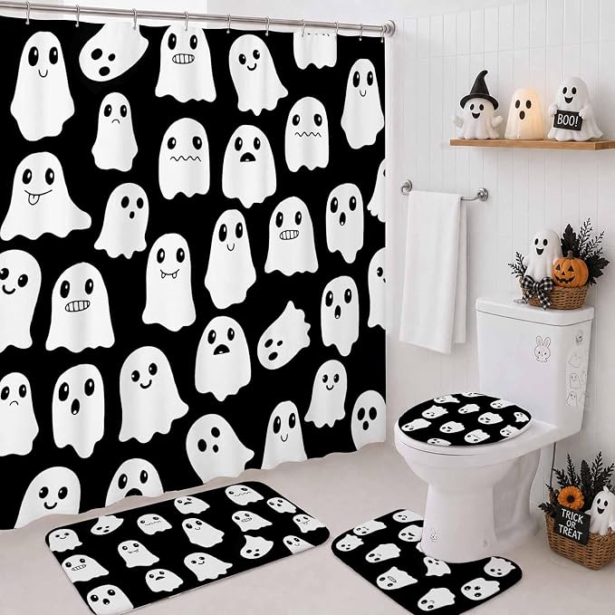 Mocsicka Halloween Shower Curtain Set for Bathroom, 4Pcs Halloween Spooky Ghost Bathroom Sets with Non Slip Rugs, Toilet Lid Cover, Bath Mat, Shower Curtain, Bathroom Decor with 12 Hooks - skull toilet mat