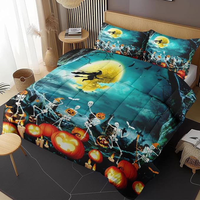 Comforter Set of 3, Queen, Bedroom Decor Halloween Skull - skull bedding