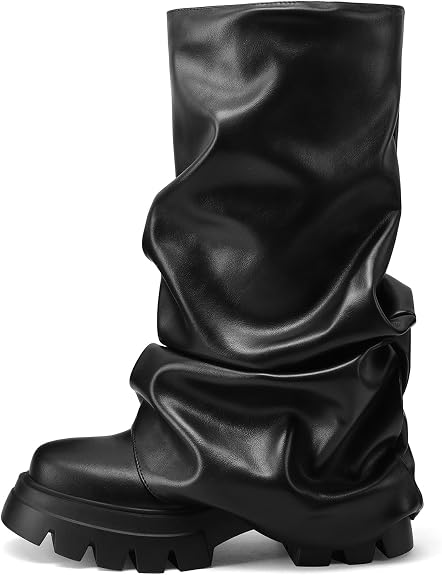 VOMIRA Women's Fold Over Boots Slouchy Boots Wide Calf Pleated Platform Boots Glitter Metallic Silver Boots Chunky Stacked Boots Mid Calf Boots - sugar skull boots