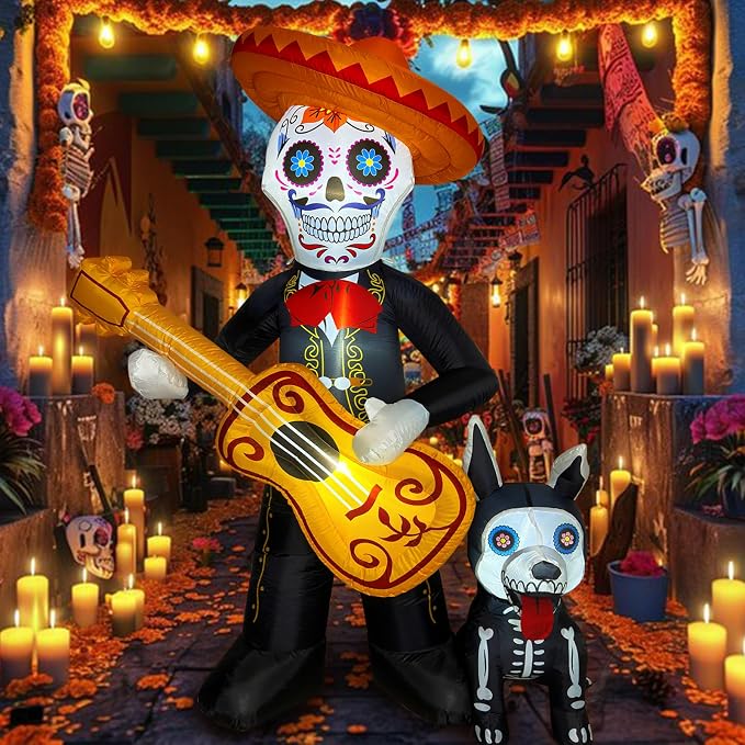 6 FT Halloween Inflatables Decoration, Blow Up Yard Decorations, Day of The Dead Spooky Sugar Skull Guitar and Skeleton Dog, Dia De Los Muertos Décor with Built-in LED for Outdoor Garden, Lawn