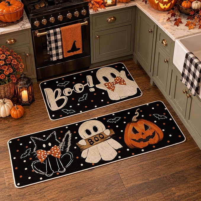 JarThenaAMCS Halloween Kitchen Mats Set of 2 Ghost Pumpkin Boo Kitchen Floor Mat Non-Slip Spooky Decorative Bathroom Rugs, 17 x 29 Inch & 17 x 47 Inch - skull floor mat