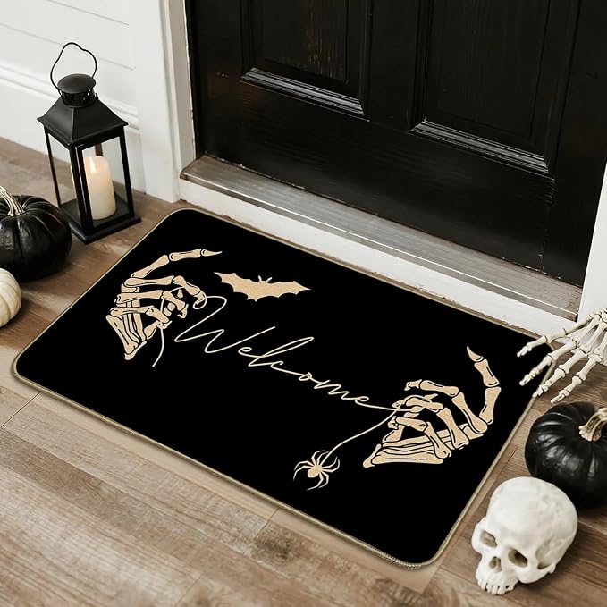 Mocsicka Halloween Door Mat Funny Skull Outdoor Mat Black Horror Non Slip Halloween Home Decor Doormat Indoor Enterway Floor Welcome Mats, 17''X 30'' (Black, 17''x 30'') - skull floor mat