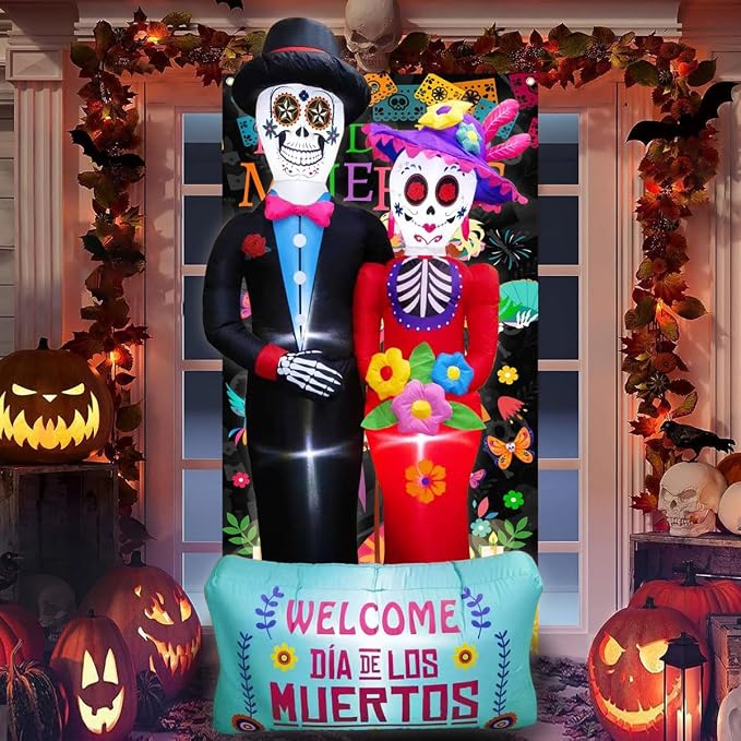 Dia De Los Muertos Decoration, 6 FT Halloween Inflatables Décor Day of The Dead Spooky Sugar Skull Couple, Blow Up Yard Decorations with Built-in LED for Outdoor Garden, Lawn - skull wreath