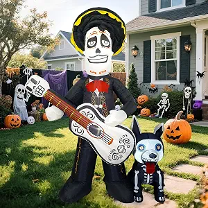 Dia De Los Muertos Decoration, 6 FT Halloween Inflatables Outdoor, Day of The Dead Spooky Sugar Skull Guitar and Skeleton Dog, Blow Up Yard Decor with Built-in LED for Birthday Party Garden, Lawn - skull inflatable