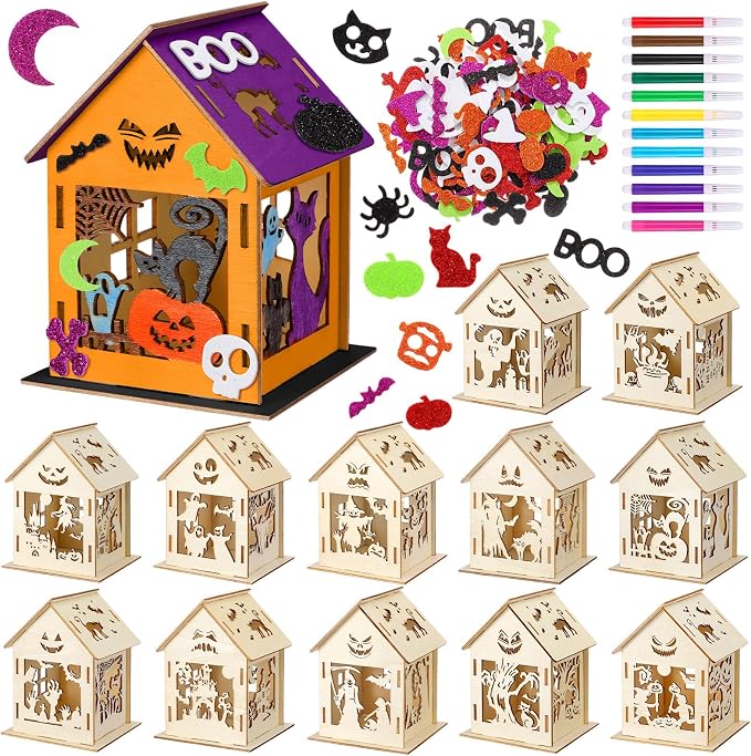 Cinnvoice 12 Sets Halloween Wooden House to Paint, Pumpkin Ghost Village - skull painting
