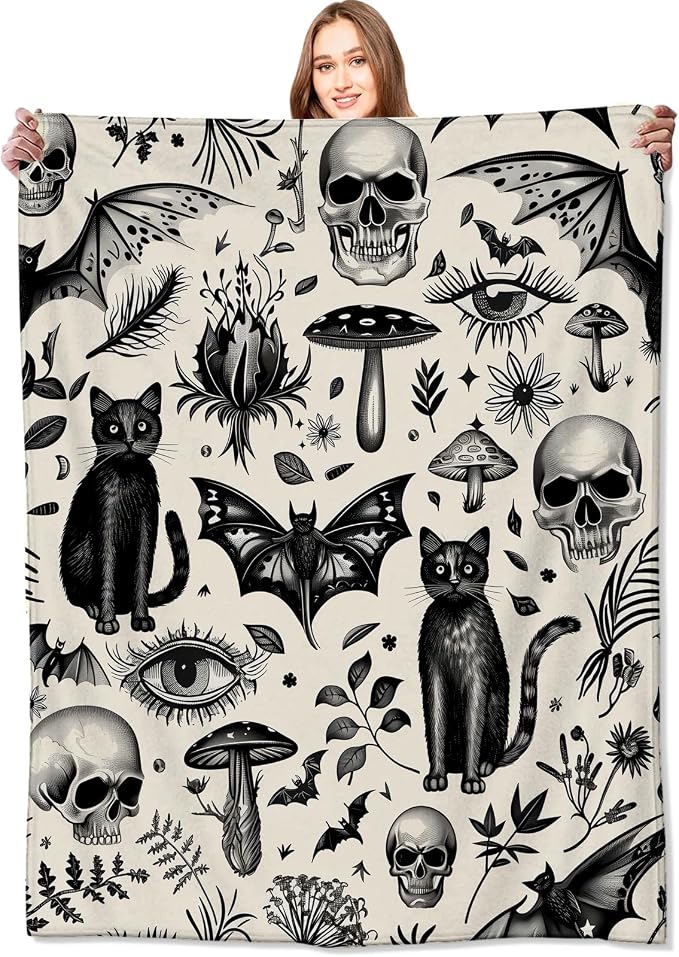 Spooky Goth Blanket Gothic Black Cats, Skulls, and Bats Throw Blankets Gifts for Girls Boys Adults Lightweight Soft Fleece Cozy for Sofa Couch Bed Room Travel Birthday Halloween Decor 50x60in - skull blanket