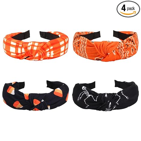 Halloween Headbands for Women Girls Skeleton Skull Candy Wide Knot Heabdand Fall Orange Bandana Plaid Hairbands Hair Accessories Halloween Party Outfit Gifts - skull headband