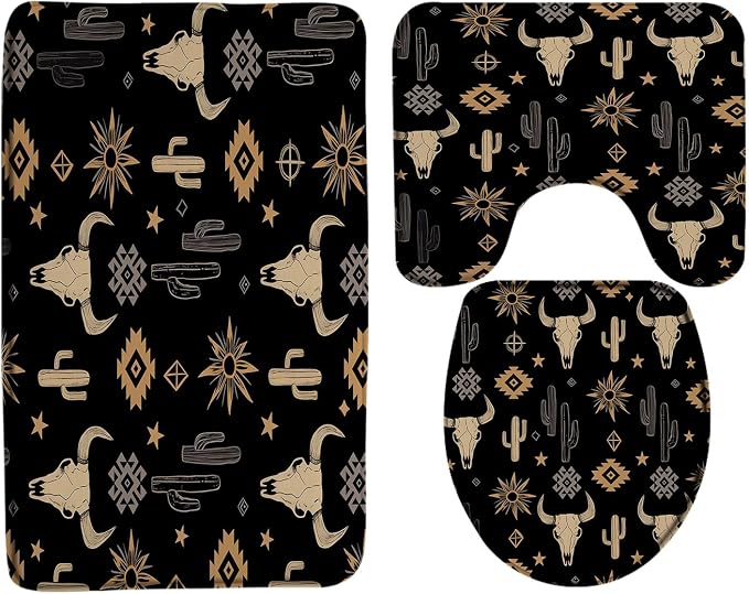 GCTNBJL Western Boho 3 Piece Bath Mat Sets,Aztec Tribal Cow Skull Cactus Vintage Geometric Black Golden Bathroom Memory Foam Rug,16″x24″Bath Mat,Toilet Seat Cover,U-Shaped Toilet