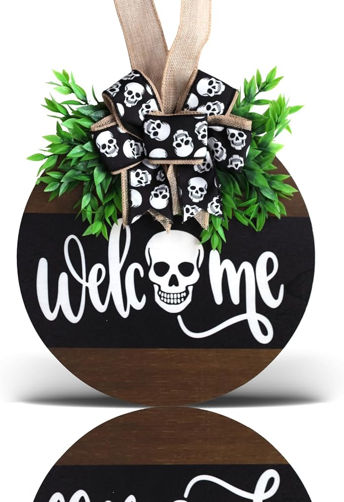 Halloween Wooden Welcome Sign for Front Door Hanging Spooky Skull Welcome Sign with Bow Halloween Wooden Door Hangers Wreath for Farmhouse Home Window Outdoor Wall Party Decoration Supplies - skull wreath