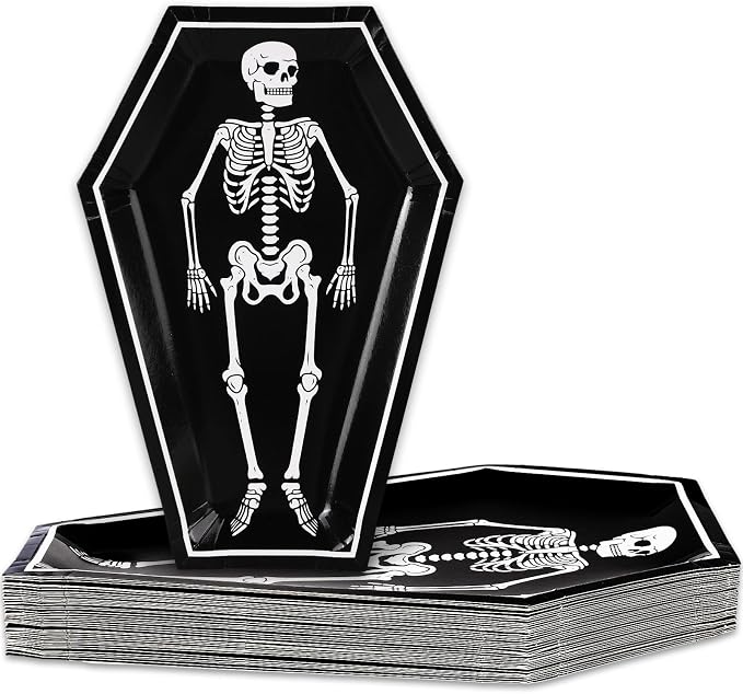 JarThenaAMCS 40Pcs Halloween Skeleton Coffin Plates Black White Smile Skull Disposable Plates Paper Dessert Plates for Halloween Tableware Supplies, 10 Inch - skull plate