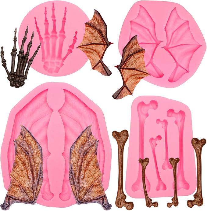 Halloween Skeleton Hand Silicone Molds, Bat Wings Crow Bone Chocolate Molds, Set of 4, Suitable for DIY Baking, Cake Decoration, Cupcake Topper, Candy, Plaster, Clay, Resin(M108) - skull ashtray