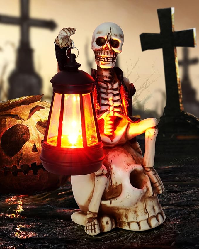 Solar Halloween Decorations Outdoor, Skeleton Figurine on Skull Statue - skull figurine
