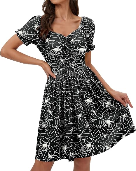 Women's Halloween Ruched Mini Costume Elastic Waistband Sweetheart Neckline Vintage 1950s Swing Dress Black Spider Web XL - sugar skull dress