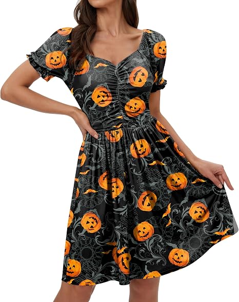 Womens Halloween Mini Ruched Costume Sweetheart Neckline Elastic Waistband Vintage 1950s Swing Dress Pumpkin Bat Black L - sugar skull dress