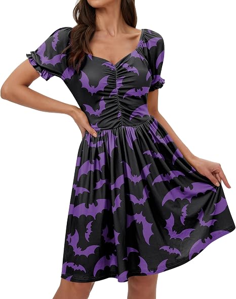 Women's Halloween Ruched Mini Costume Vintage 1950s Sweetheart Neckline Elastic Waistband Swing Dress Purple Bat M - sugar skull dress