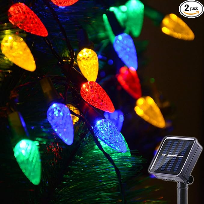 2 Pack Solar Christmas Lights Outdoor C6 Strawberry String Lights, LED Christmas Fairy Lights 50 LEDs Solar Operated Rechargeable Garden Lights for Christmas Tree, Arbor Decor (Multicolor, 8 Modes) - string light