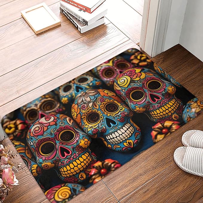 Front Door Mat Indoor Outdoor Welcome Doormats 16"x24" Non-Slip Entryway Mats Colorful Sugar Skulls Entry Rugs Absorbent Resist Dirt Floor Mats for Entrance, Inside, Patio Carpet - skull carpet