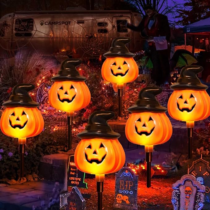 6 Pack Solar Jack O Lantern Stake String Lights - Orange Halloween Pathway Decor for Outdoor Halloween Yard Display - string light
