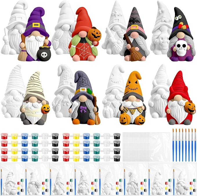 PullCrease 8 Pcs Halloween Gnome Ceramics to Paint Crafts Kit - skull painting