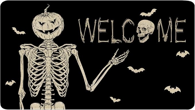Halloween Front Welcome Door Mat Outdoor Entrance, Funny Skeleton Skull Door Mats Outside Entrance Black Halloween Porch Mat Doormat Outdoor Mats for Front Door, 17″x30″