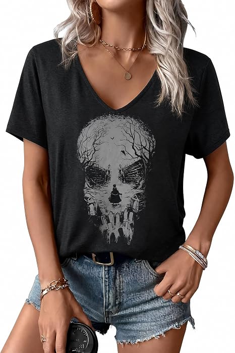 Women Fall Halloween Graphic Shirt Cut Out Cold Shoulder Short Sleeve Shirt Funny Family Party Rock Tee Top - skull tshirt