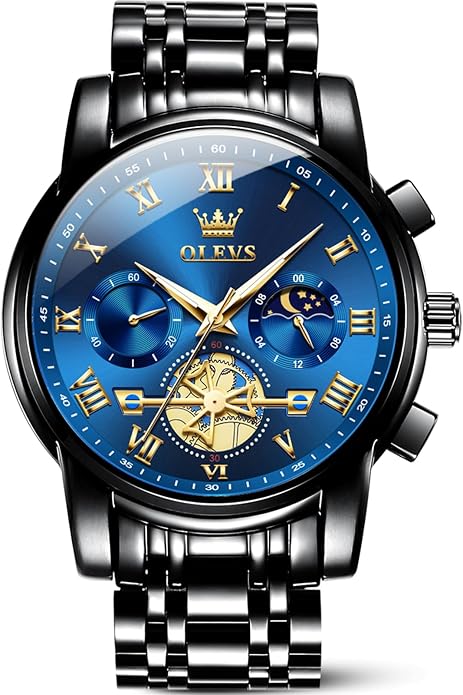 OLEVS Luxury Waterproof Big Face Stainless Steel Multifunction Mens Watches - skull watch
