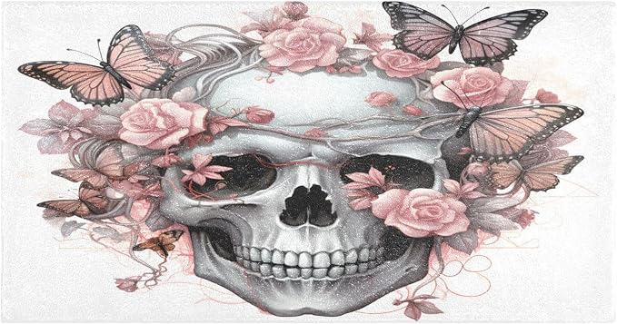 Skull Rugs Fluffy Bath Rugs, Skull Pink Flower Butterfly Plush Bathroom Rug Kitchen Rug Soft Fuzzy Mat Carpet Shaggy Shower Rug Water Absorbent - skull carpet